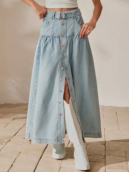 Dresses & Skirts - Light Wash Casual Women's Elegant Denim Waist Belt Maxi Skirt With Metal Decor